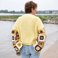 Knitted Sweater with crochet granny sleeves Yellow XS/SKnitted Sweater with crochet granny sleeves Yellow XS/S-3