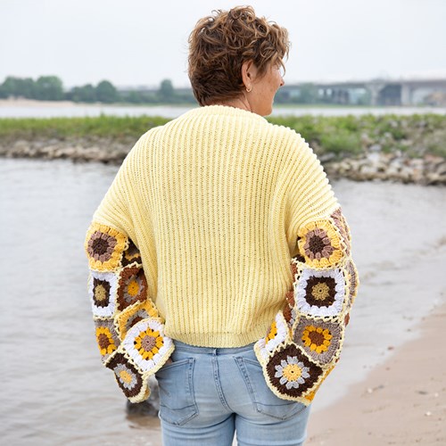 Knitted Sweater with crochet granny sleeves Yellow XS/SKnitted Sweater with crochet granny sleeves Yellow XS/S-3