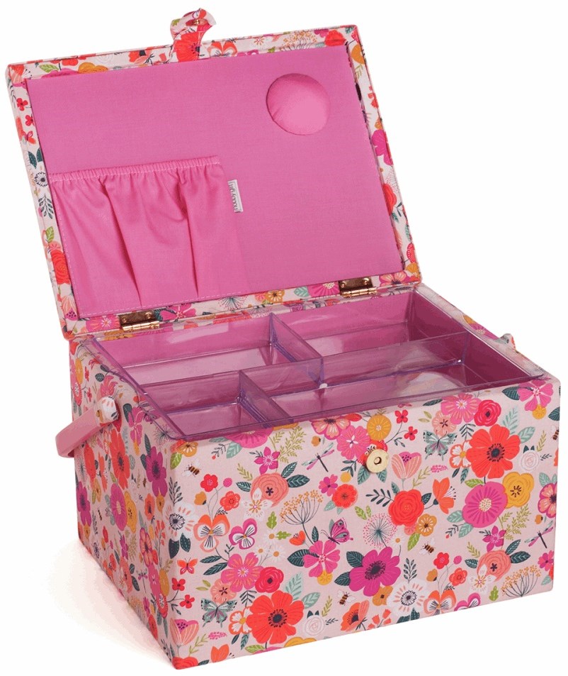 Sewing Basket Large Floral Garden Pink 