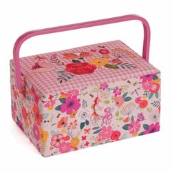 Sewing Basket Medium Embroidered Floral Garden Pink