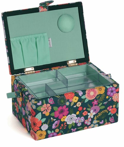 Sewing Basket Medium Embroidered Floral Garden Teal-3