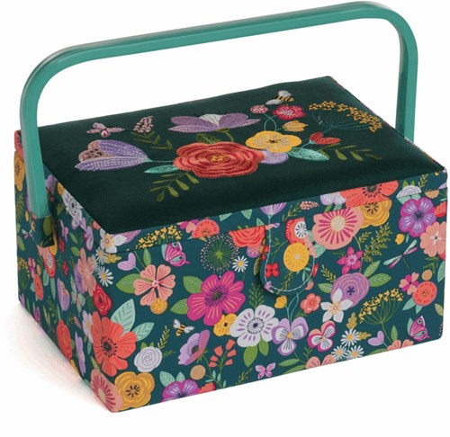 Sewing Basket Medium Embroidered Floral Garden Teal