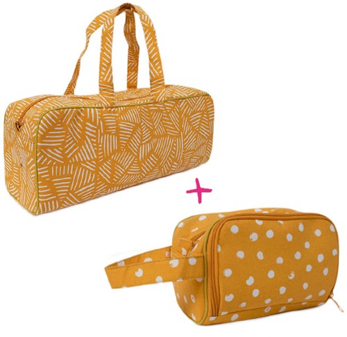 Yarnplaza Knitting Bag and Crochet Pouch Set 1 Mustard Stripes/Mustard Dots